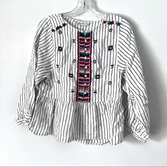 Zara Embroidered Linen Pompom Peplum Top Striped Boho 3/4 Sleeves Sz S - Picture 3 of 11